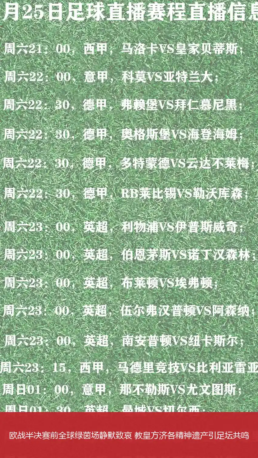 欧战半决赛前全球绿茵场静默致哀 教皇方济各精神遗产引足坛共鸣